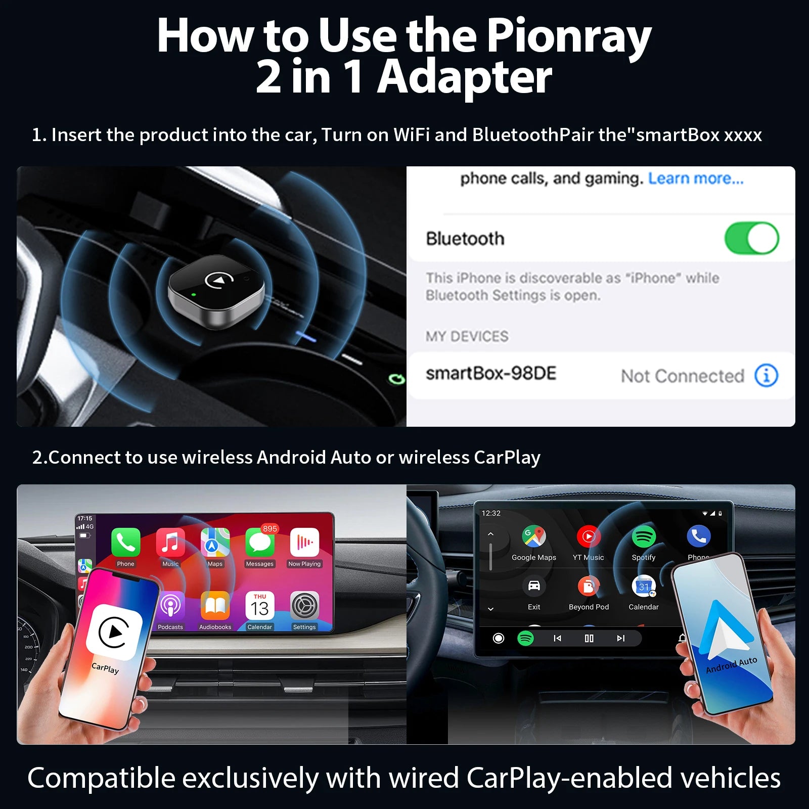 Pionray™ Wireless CarPlay & Android Auto Adapter