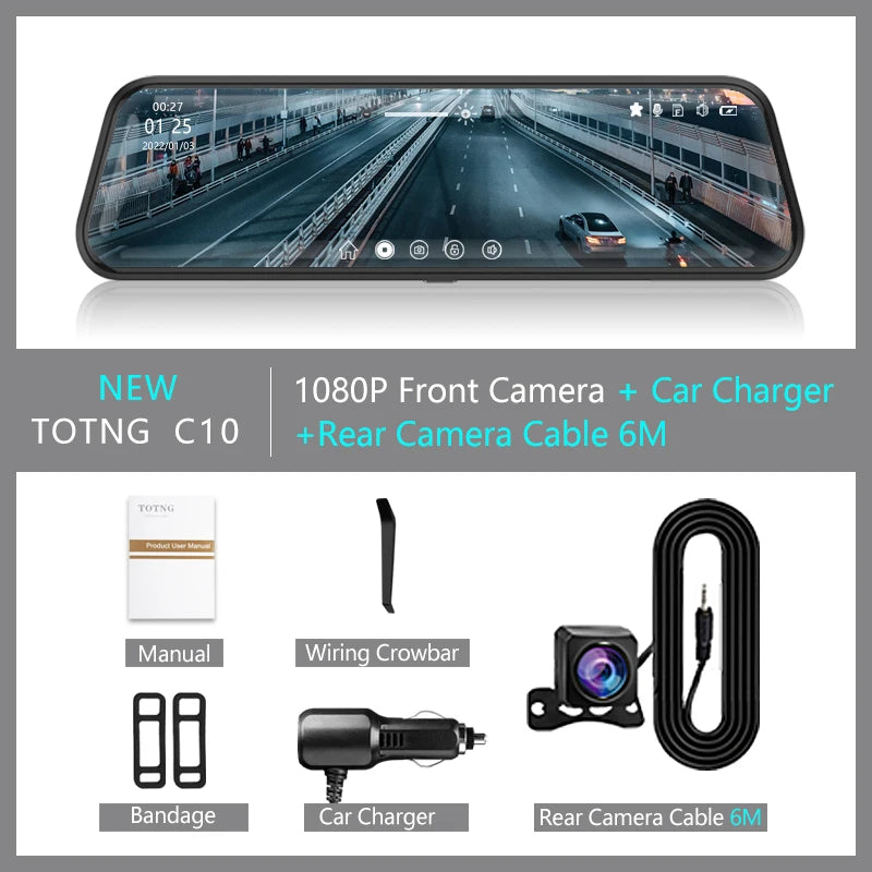 MirrorCam10™ – 10" Touchscreen Dash Cam with Front & Rear Recording