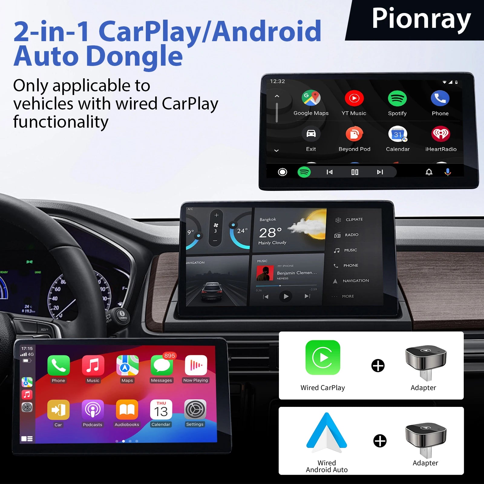 Pionray™ Wireless CarPlay & Android Auto Adapter