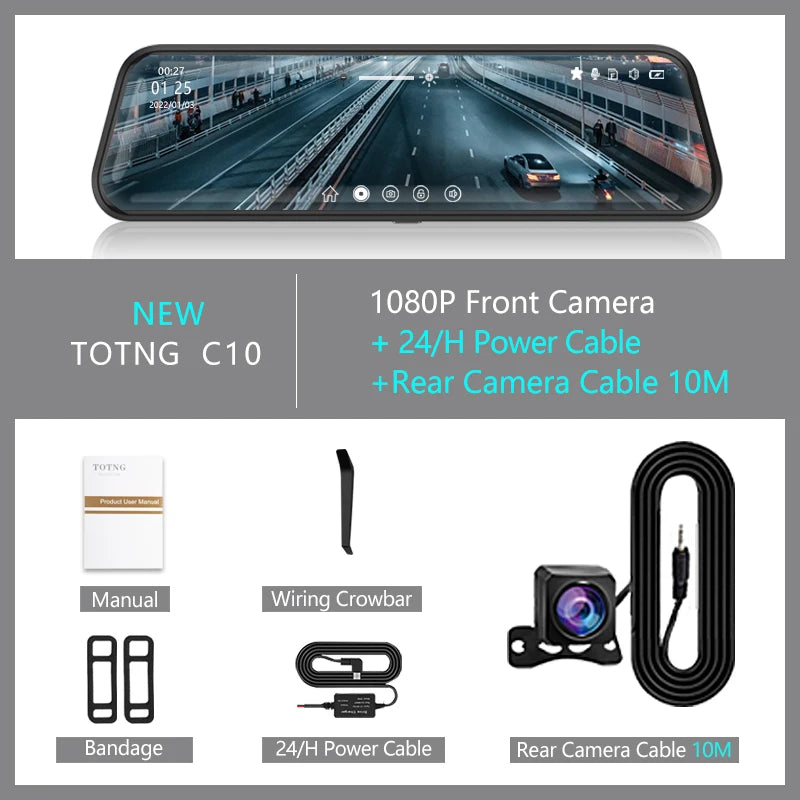 MirrorCam10™ – 10" Touchscreen Dash Cam with Front & Rear Recording